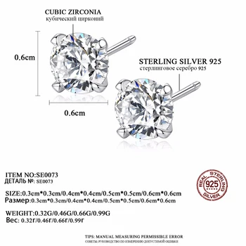 CZCITY Reálne 925 Sterling Silver Stud Náušnice pre Ženy Klasické Štyri Pazúry Veľkosti 3 mm /4 mm/ 5mm/ 6mm Hlavné Zirkón Kameň v Uchu Stud