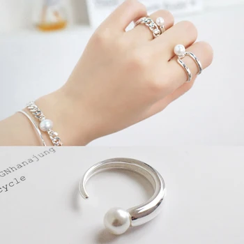 SHANICE Osobnosti Comma 925 Sterling Silver Otvoriť Krúžky Dvojité Riadky S Vytvorené Pearl Šperky pre Svadobné Nastaviteľné Módy