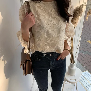 Kórejský elegantné marhuľový ženy čipky blúzka späť krajky-up tričko O-krku jemné Vyšívané Čipky Tričko Temperament dámy topy 12361