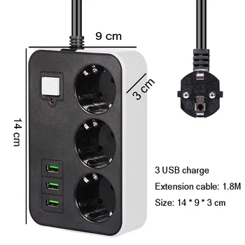 2. Kolo Pin EÚ RUS Plug Power Strip Prepínač 1.8 M kábel Univerzálnej Zásuvky 3 USB Elektrické Predlžovací Kábel Zásuvka Sieťový Filter