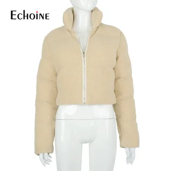 Echoine Ženy jeseň Zimná bunda Vlnené teddy Kabát Zips s Kapucňou Dlhý Rukáv Teplý Kabát Outwear klasické vintage bublina kabát