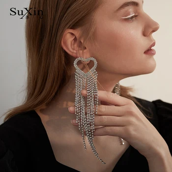 SuXin náušnice 2020 nové jednoduché temperament broskyňa srdce strapec náušnice pre ženy dlho crystal prívesok náušnice šperky darček