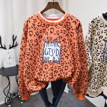 Streetwear Študentov Bavlna Mikina Ženy Kabát 2020 Nový Kórejský Jar Leopard Vytlačené Voľné Pulóver S Kapucňou, Topy