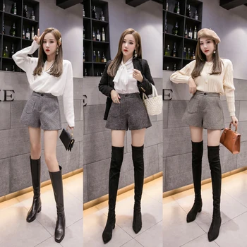 Kórejský štýl žien bežné vlnené šortky s vysokým pásom voľné širokú nohu a-line šortky ženy jeseň zima plus veľkosť femme šortky