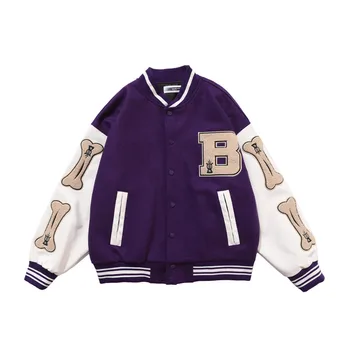 2020 Mens Hip Hop Baseball Jacket Coats Veľké Písmeno B Kosti Výšivky Patchwork Japonsko Kórejská Štýl Streetwear College Bunda Rock