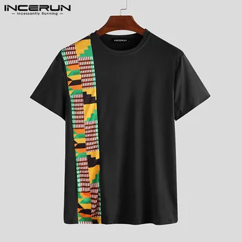 INCERUN Lete Mužov Afriky Tričko okolo Krku 2021 Krátky Rukáv Tlač Patchwork Bežné Mens T-shirts Módne Dashiki Tee Košele