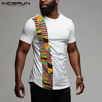 INCERUN Lete Mužov Afriky Tričko okolo Krku 2021 Krátky Rukáv Tlač Patchwork Bežné Mens T-shirts Módne Dashiki Tee Košele