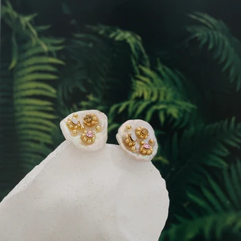 Yhpup Trendy Barokový Prírodné Perly Stud Náušnice Luxusné Drahokamu Crystal Medi Brincos Žena Strany Šperky Gala Darček 2020