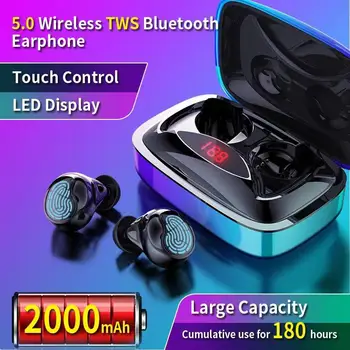 TWS bluetooth 5.0 slúchadlá mini Bezdrôtové Slúchadlá s 2000mAh LED displej, dotykové tlačidlo na zníženie hluku, Športové Headset