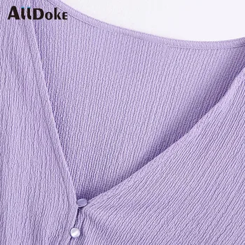 ALLDOKE fialová bežné tlačidlo blúzka ženy leto v krku dlhý rukáv plodín topy tričko femme office lady sexy blúzky blusas mujer