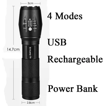 ZHIYU T6 LED Baterka Power Bank 4 Režimy Blesku Svetlá Camping Zoomovateľnom Pochodeň USB Nabíjacie Svietidlá Vstavané Svietidlo Batéria