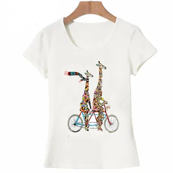 Nové zviera cartoon lete Ženy t-shirt žirafy láska pustiť von na tandemovom bicykli T-Shirt maiden Topy dámske Tričká