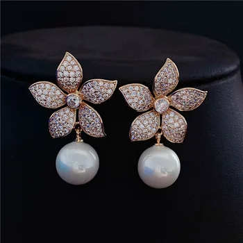 Móda Simulované Pearl Flower Cubic Zirconia Náušnice Ženy Stud Náušnice pre Svadobné Šperky pendientes mujer mod 2020