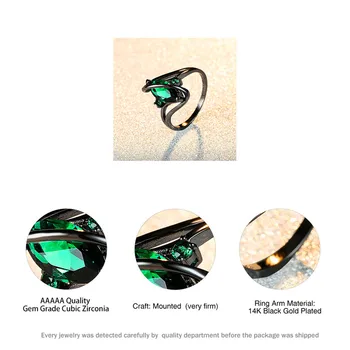 Luxusné Žena Green Crystal Kamenný Kruh, Vintage 14KT Čierneho Zlata, Zásnubné Prstene Pre Ženy Klasický List Zirkón Svadobné Tenký Krúžok