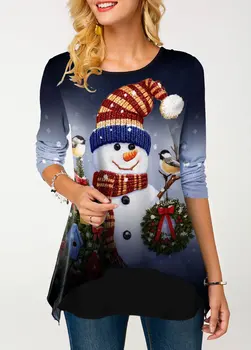 2021 Nový Rok Vianočné Snehuliak Tlač Mozaiky T-shirt dámske O-Krk Dlhý Rukáv Ležérny Top Fashion Jar Jeseň Nadrozmerná Tees