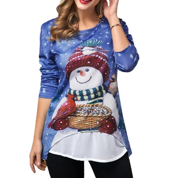 2021 Nový Rok Vianočné Snehuliak Tlač Mozaiky T-shirt dámske O-Krk Dlhý Rukáv Ležérny Top Fashion Jar Jeseň Nadrozmerná Tees