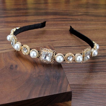 Vintage Barokový Drahokamu Hairband Crystal Pearl Čelenky Pre Ženy Diamante Vlasy Príslušenstvo