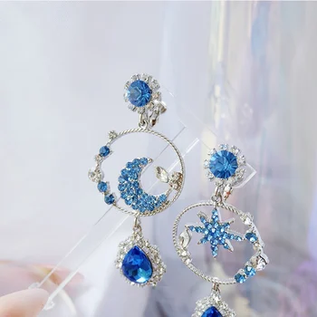 Kórejský Nové Módne, Elegantné Moon Star Blue Drahokamu Drop Náušnice Pre Ženy, Dievčatá Waterdrop Crystal Brincos Módne Šperky
