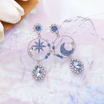 Kórejský Nové Módne, Elegantné Moon Star Blue Drahokamu Drop Náušnice Pre Ženy, Dievčatá Waterdrop Crystal Brincos Módne Šperky