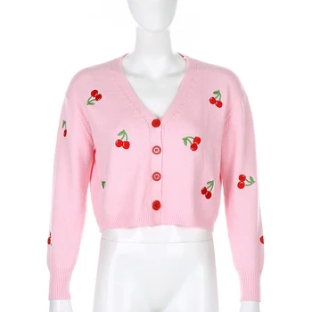 HIGAREDA Cherry Potu, Ružové a Biele Roztomilý Y2K Cardigan Plodín Top Bežné Dlhý Rukáv Ostrihané Sveter Ženy Jeseň Zima Jumper
