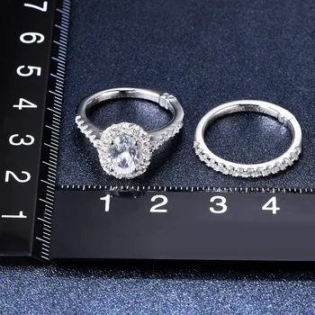 Skutočné 925 Sterling Silver Ring Pre Ženy 1.5 karát Klasický Oválny Diamond CZ Halo Prstene Sady 2-v-1, Svadobné