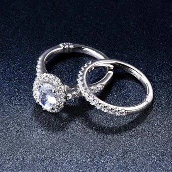 Skutočné 925 Sterling Silver Ring Pre Ženy 1.5 karát Klasický Oválny Diamond CZ Halo Prstene Sady 2-v-1, Svadobné