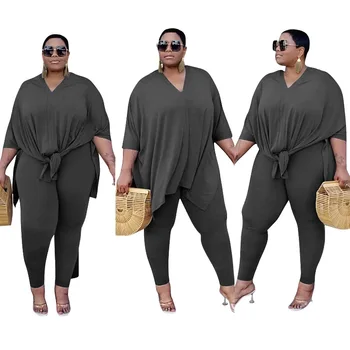 Plus veľkosť L -5XL Bežné Ženy, Dva Ks súprava tepláková súprava žien V-beck nepravidelný Top + Nohavice Jeseň Oblečenie Pre Ženy