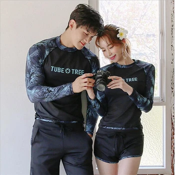 Kórejský pár vyrážka stráže 2 kusy UV plávať tričko+krátke nohavice mužov a žien milovníkov zodpovedajúce surfovanie plavky rýchle suché