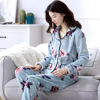 2020 Zime 2 Ks Pyžamo Set Pre Ženy, Voľné Teplý Flanel Žien Sleepwear Dlhý Rukáv Topy+Nohavice, Pyžamá Nastaviť