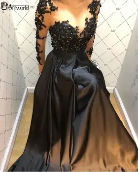 Elegantné A-Line Dlhý Rukáv Večerné Šaty 2020 Black Formálne Šaty Ručné Kvety Crystal Saténová Čipka Ženy Večerné Šaty