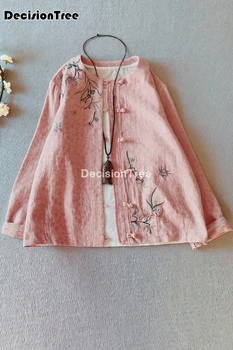 2021 vintage kvetinové výšivky ženy čínskej tradičnej bavlnená posteľná bielizeň hanfu blúzka novinka oblečenie, topy, celý rukáv tričko