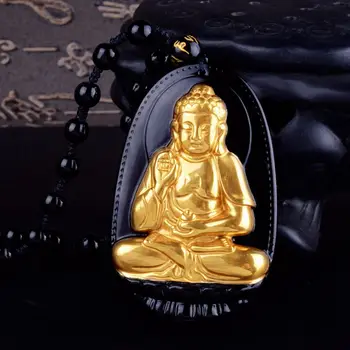 Prírodné Zlato Čierna Obsidián Vyrezávané Buddha Šťastie, Amulet Prívesok Pre Ženy, Mužov, prívesky, Módne Šperky