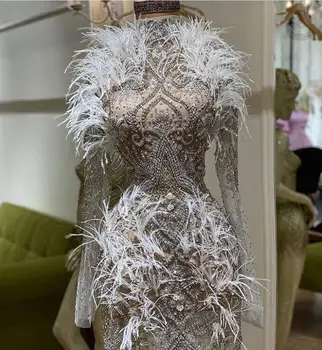 Luxusné Crystal Korálkové Krátke Prom Šaty Perie Mini Koktejlové Šaty Vysoký Golier Plné Rukávy Sexy Vidieť Cez Formálne Party Šaty
