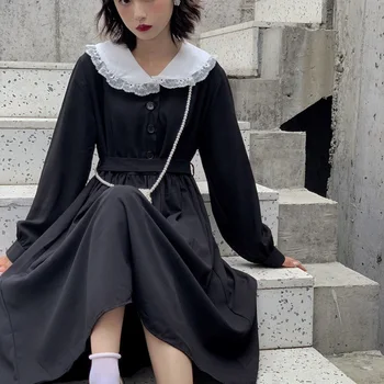 Japonský Harajuku Tmavé Gothic Lolita Šaty Žien Vintage Preppy Štýl Sladké Čipky Zase Dole Golier Voľné Dlhý Rukáv Víla Šaty