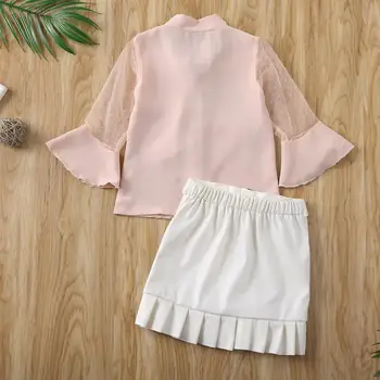 Baby Dievčatá Jarné Letné Oblečenie Nastaviť Šifón Pink s Dlhým Rukávom Svetlice T-shirt + Kožené Sukne Oblečenie, Oblečenie Sady