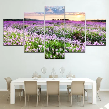 HD Vytlačí obývacia izba Domova Wall Art západ Slnka krajiniek 5 Kusov fialové Kvety levandule Mora Plátno Maľovaní Plagátov