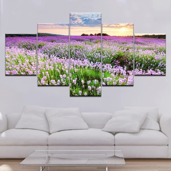 HD Vytlačí obývacia izba Domova Wall Art západ Slnka krajiniek 5 Kusov fialové Kvety levandule Mora Plátno Maľovaní Plagátov