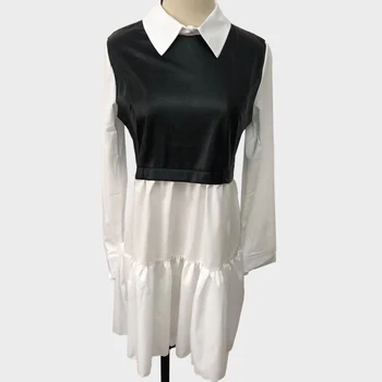 Shirt Dress Bežné Kancelárske PU Faux Kožené Čierne Patchwork Chic Fashion Jar, Jeseň A-line Ruched Šaty 2021 Ženy Oblečenie