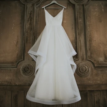 Jednoduché tvaru Backless Svadobné Šaty Boho Nevesta Šaty Vestido de Novia Mäkkého Tylu A-line Svadobné Šaty na Mieru