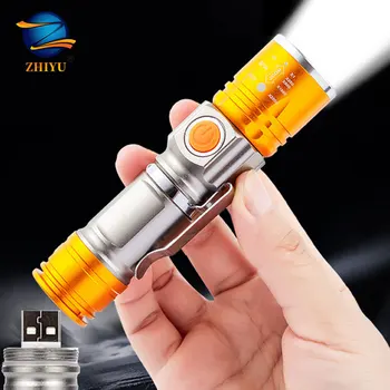 ZHIYU USB Nabíjateľná LED Baterka 4 Režimy Zoom XPE Pochodeň Postavený v 18650 Batérie Camping Prenosný Mini Flash Svetlá Pero Klipy