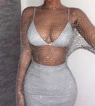 Nový Crystal Diamond Sexy Bodycon Šaty Žien Duté Z Dlhý Rukáv Mini Šaty 2021 Lete Vidieť Cez Party Šaty