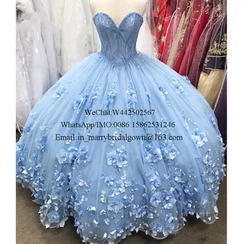 Modrá Sweet 16 Quinceanera Šaty 2020 plesové Šaty Off Ramenný 3D Kvety Plus Veľkosť Lacné Popoluška Debutante Vestidos 15 Anos
