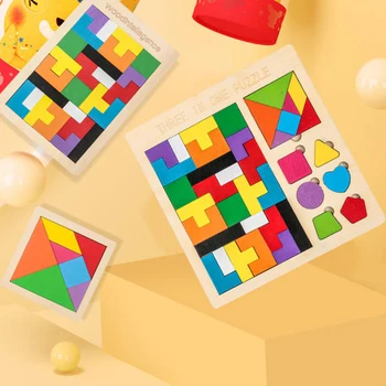 Montessori Hračky Drevené Tetris Hra Tangram 3D Puzzle Farebné Deti Vzdelávacie Puzzle Hra Hračky pre Deti Deti