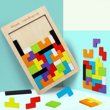 Montessori Hračky Drevené Tetris Hra Tangram 3D Puzzle Farebné Deti Vzdelávacie Puzzle Hra Hračky pre Deti Deti