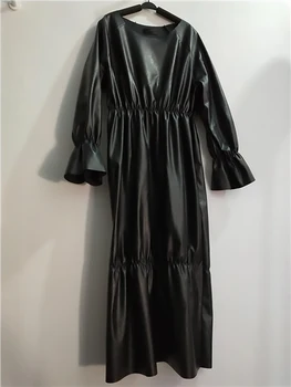 [EAM] Ženy Black Prehrabať Skladaný Pu Kožené Veľká Veľkosť Šaty Nové Okrúhlym Výstrihom, Dlhý Rukáv Loose Fit Móda Jar Jeseň 2021 1R198