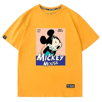 Disney Štýlový Roztomilý Mickey Mouse Cartoon List Tlače O-Krku Pulóver Krátky Rukáv T-Shirt Módne Ženy Voľné Tee Topy 5 Farieb
