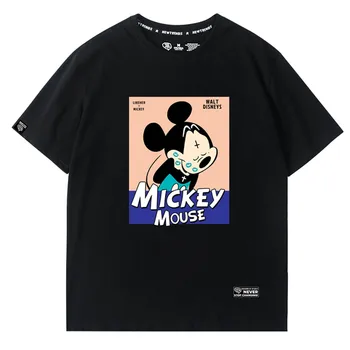 Disney Štýlový Roztomilý Mickey Mouse Cartoon List Tlače O-Krku Pulóver Krátky Rukáv T-Shirt Módne Ženy Voľné Tee Topy 5 Farieb