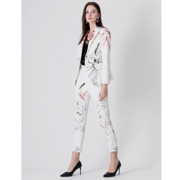 Biele Nohavice Sako Vyhovuje 2020 Jeseň Fashion Bežné Kancelárske Tlačové Umenie Bunda Dve Dielna Sada Žien Oblek Nohavice Sako Žena