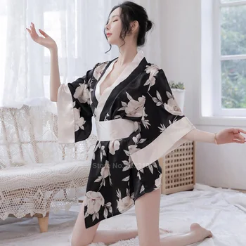 Hlboký V-neck Saténové, Hodvábne Nightdress pre Ženy Japonské Kimono Yukata Sleepwear Voľné Štýl Kúpanie Župan Pyžamá, spodná Bielizeň Kvetinový