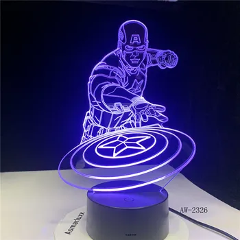 Kapitán Amerika Štít Obrázok 3D Multicolors Tabuľka Akryl Nočné svetlo LED ilúzie Touch USB lampa Chlapec Deti Hračka Darček AW-2326